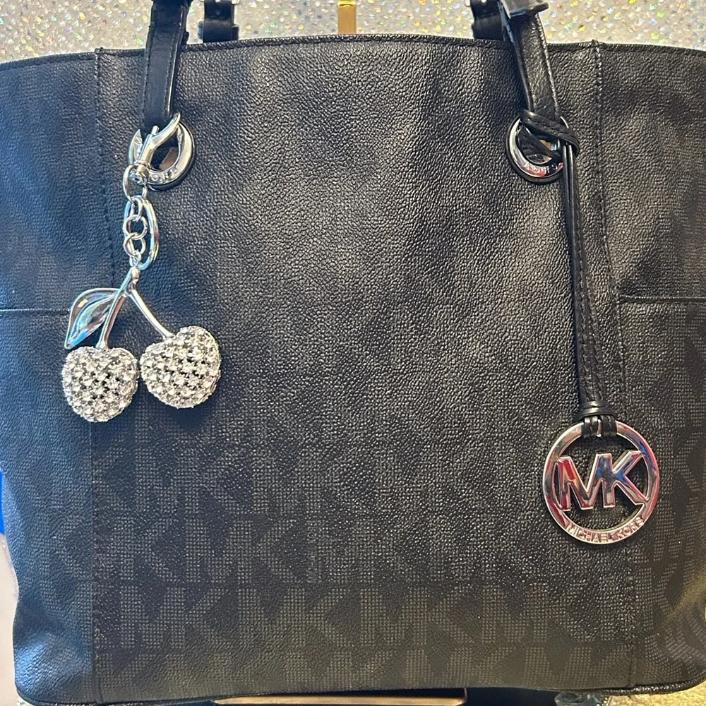 Michael Kors Black Logo Tote Bag with MK Charm